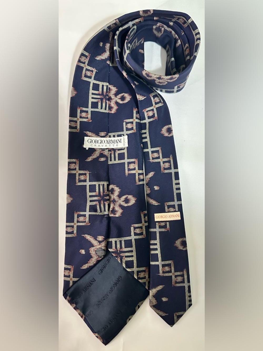 Giorgio Armani Navy Silk Tie with Gold and Pink Geometric Motif